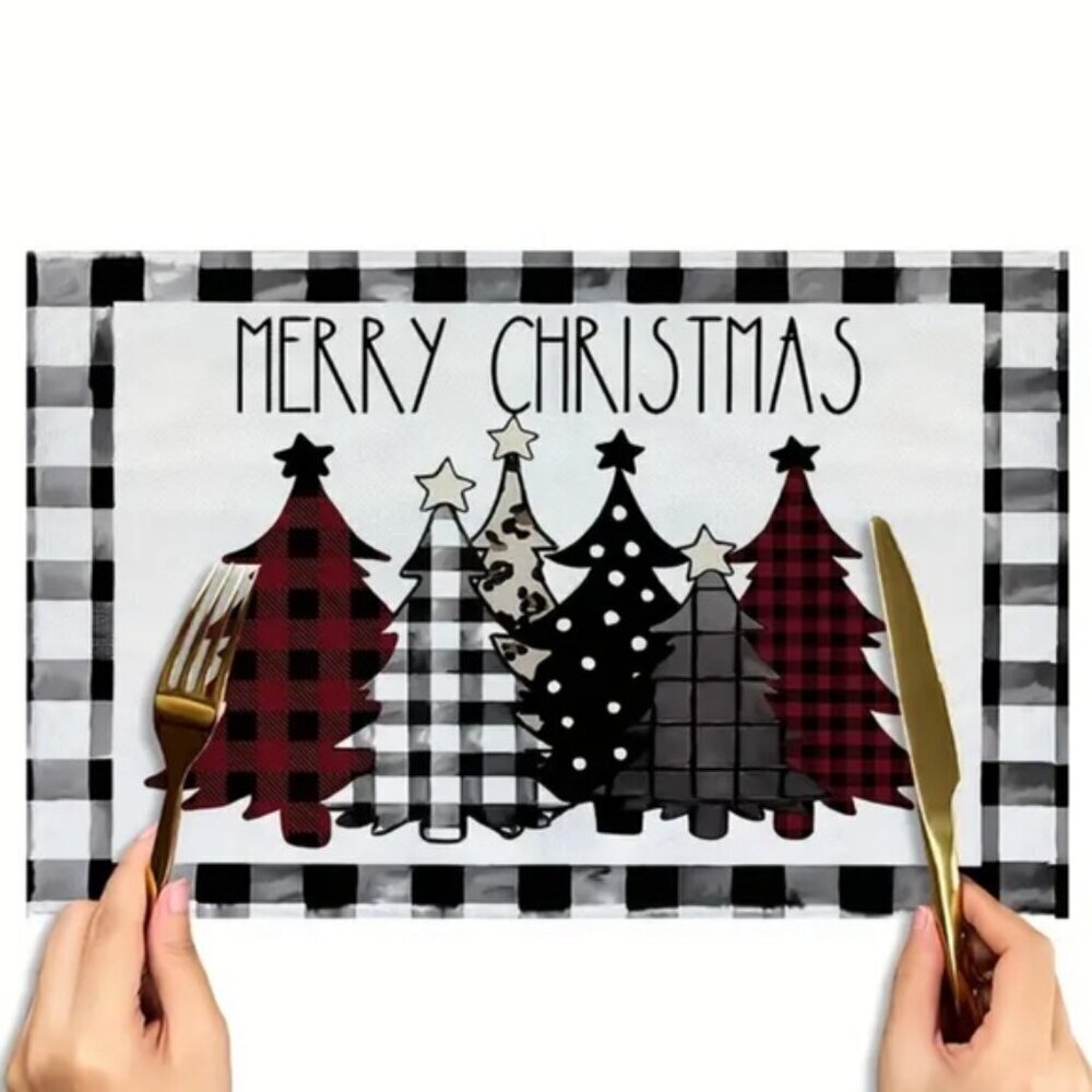 Christmas Placemats Trees Buffalo Plaid Placemats Black White 12 x 18 4 PC Set - Picture 8 of 16